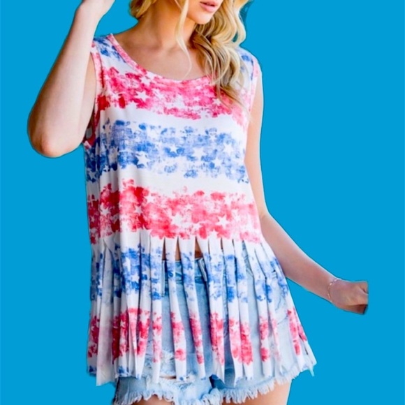 A Girl Thing Hopely Red, White white and Blue top.  Sleeveless fringe on bottom - Picture 8 of 9